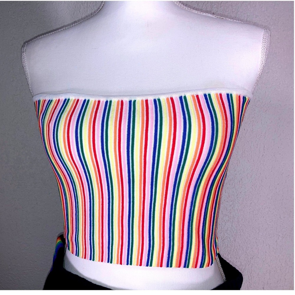 LA Hearts Rainbow Vertical Stripe Ribbed Tube Top Strapless Crop Small